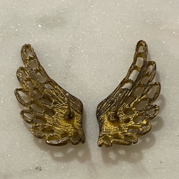 Angel Wing Earrings Bronze Tone with Rhinestone Post Earrings - Picture 9 of 13